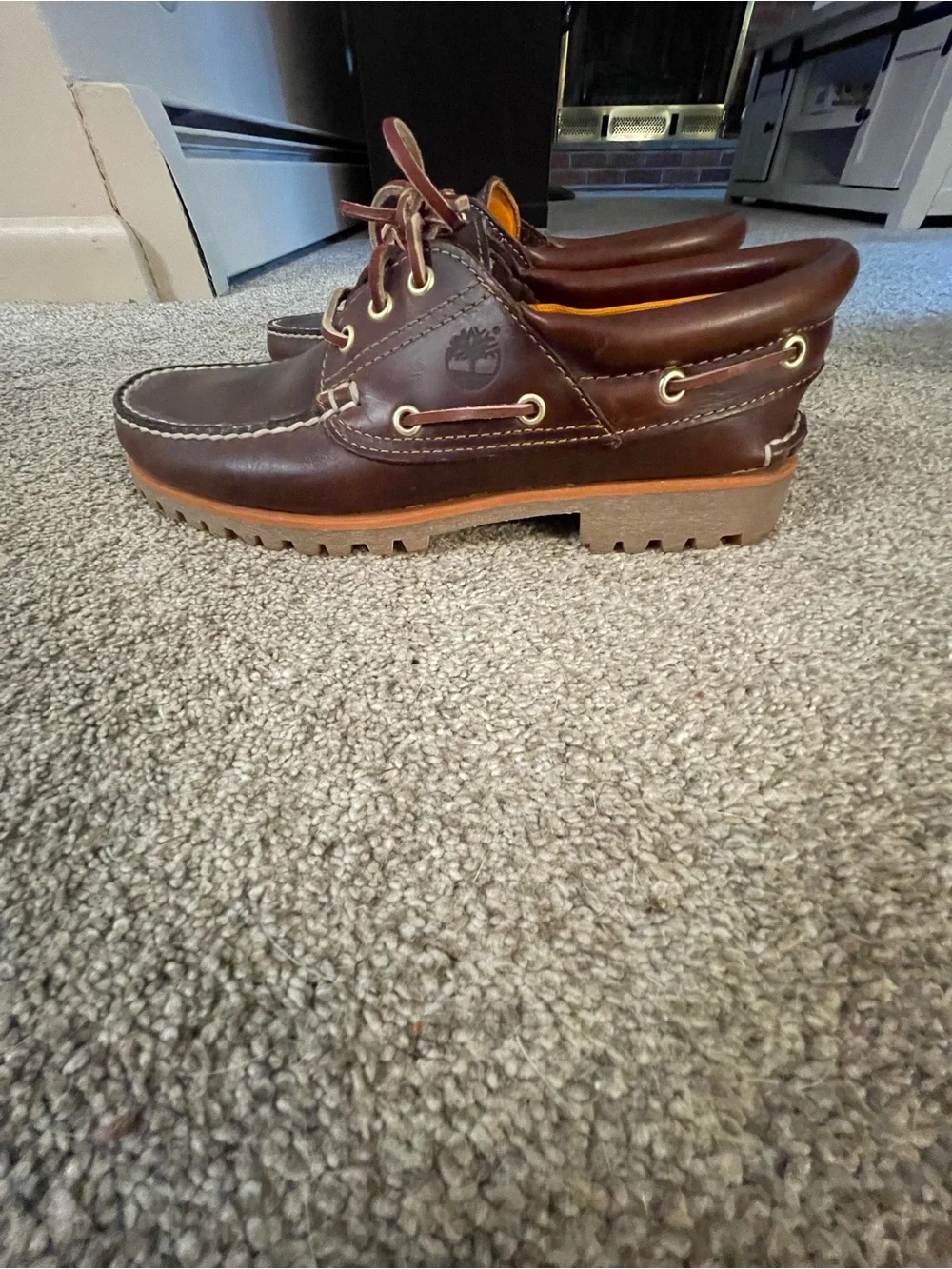 Timberland Dark Brown Leather Boat Shoes with Tan Lug Sole